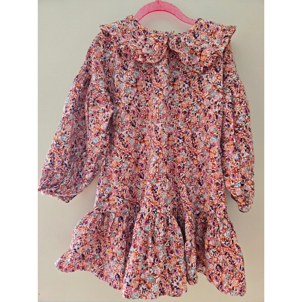 Next Kids Floral Cotton Dress Peter Pan Collar Orange Pink 4-5 Years 800-522-412
